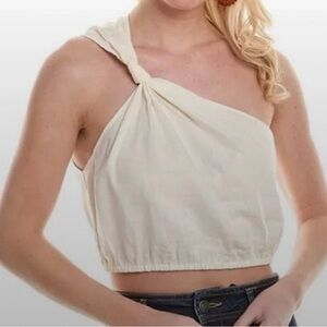 FARM Rio One-Shoulder Knot Crop Top in Cream